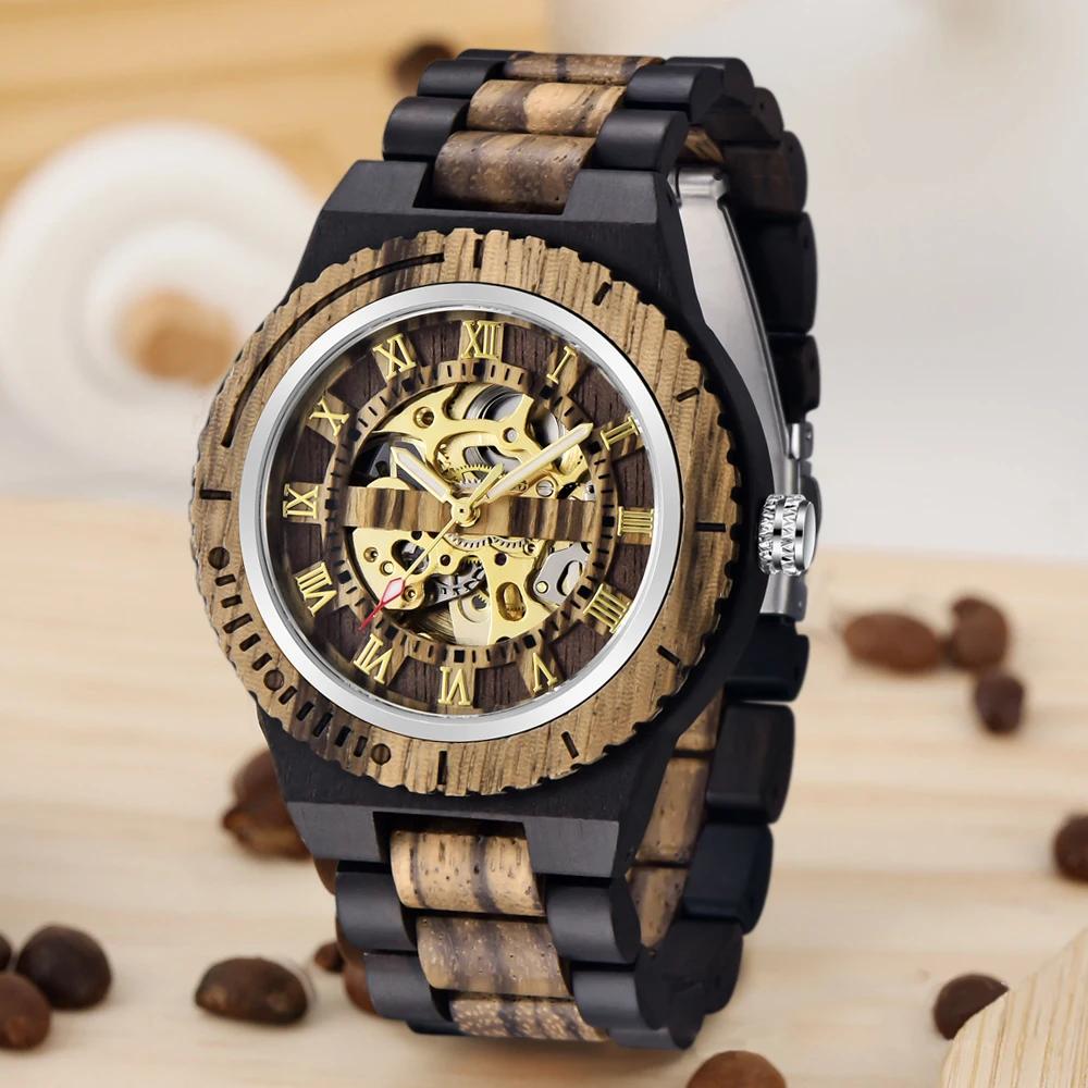 

Wooden Hollow Mechanical Men s Watch Fashion Wooden Folding Buckle Strap Business Leisure Men s Watch Gift Reloj de madera