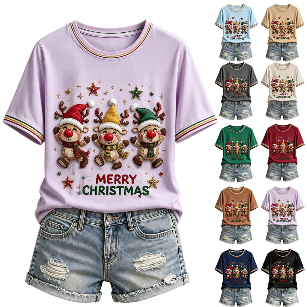 Women's Christmas Printed Round Neck Short Sleeve T-Shirt Casual Summer Holiday Top