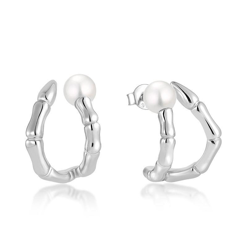 S925 Sterling Silver Geometric Pearl C-Shaped Bamboo Earrings