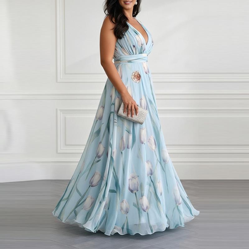 Women's spring new, European and American dresses, temperament printed waist V-neck dresses