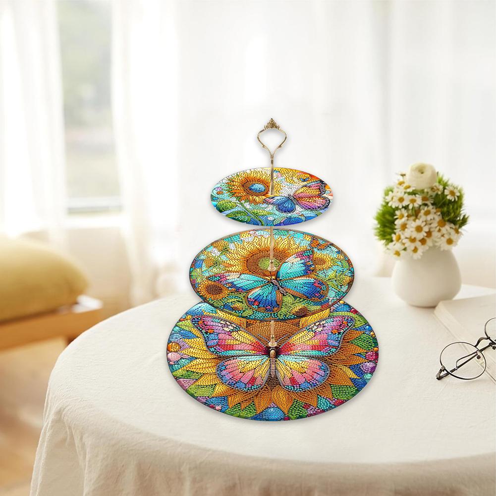 3 Tier Acrylic Butterfly Sunflower Colorful Diamond Food Dinner Plate DIY Diamond Painting Food Tray for Desk Coffee Table