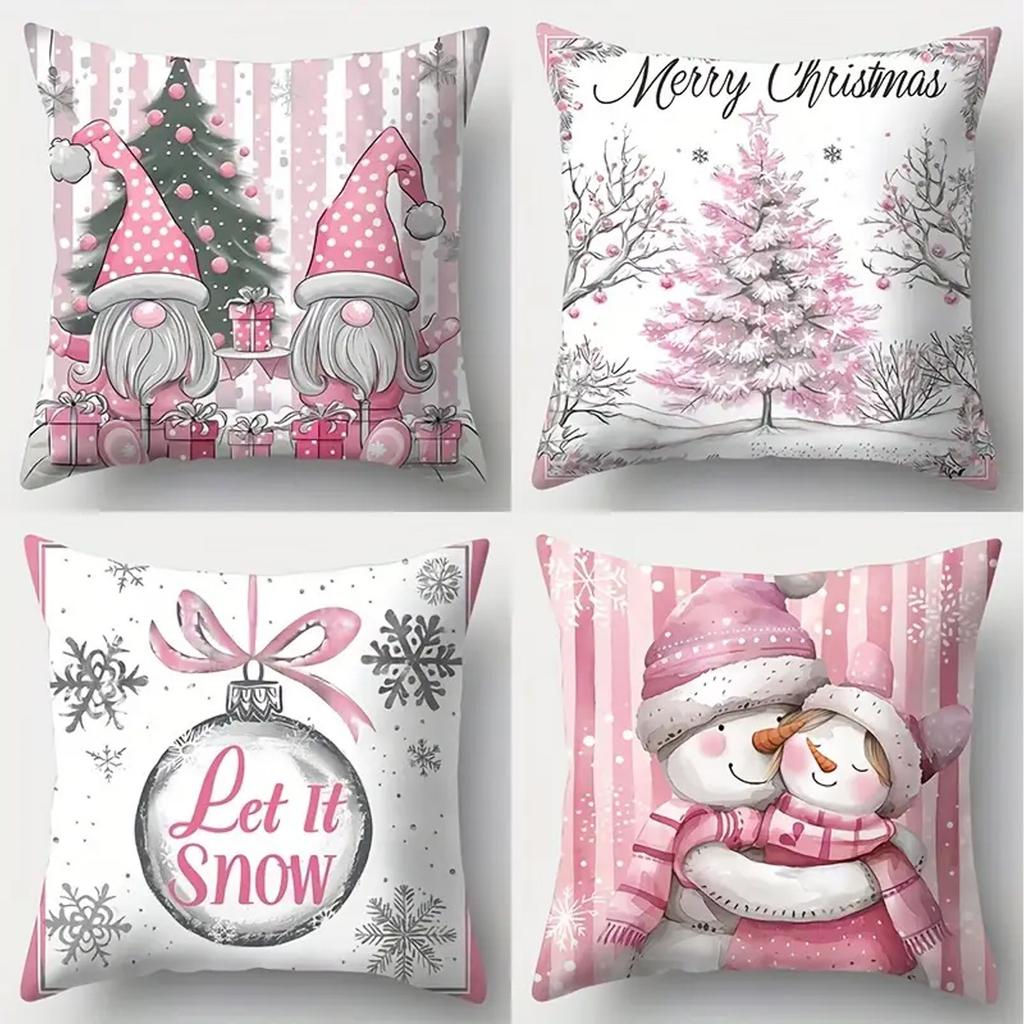 4pcs Pink Christmas Cushion Cover Santa Claus Deer Candy Durable Cover 2025 New for Home Ornament Xmas New Year Decoration