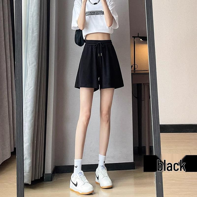 

Шорты А-силуэта из ледяного шелка с высокой посадкой для миниатюрных женщин - Летние повседневные широкие шорты-бермуды белого цвета для спорта S (80-95 jin) чёрный