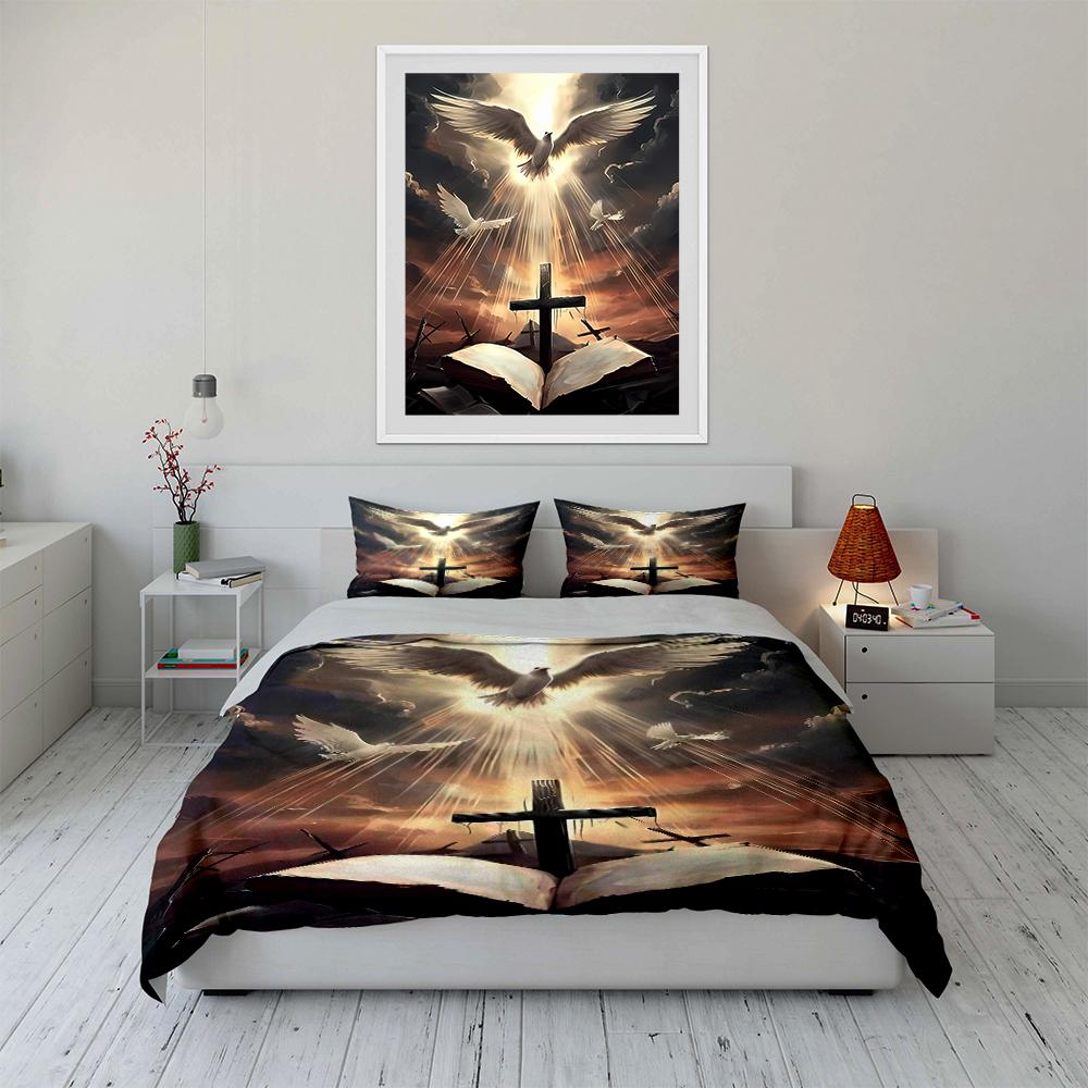 Dove and Cross Design Bedding Set Bedding set (1 duvet cover, 2 pillowcases, duvet not included)