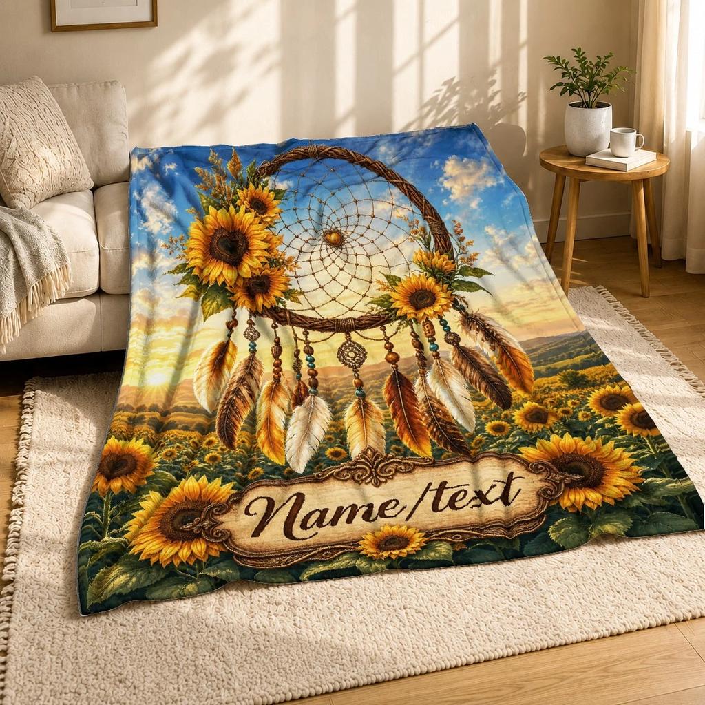 Sunflower Dreamcatcher Name Plate Coral Fleece Blanket Boho Decor