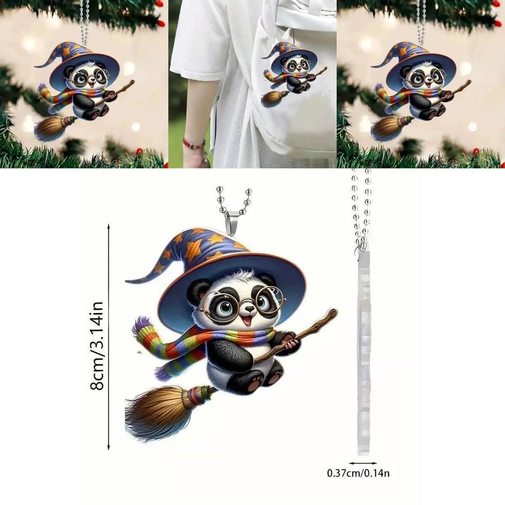 Flat Surface Acrylic Pendant With Magic Panda Riding Broom Design For Christmas