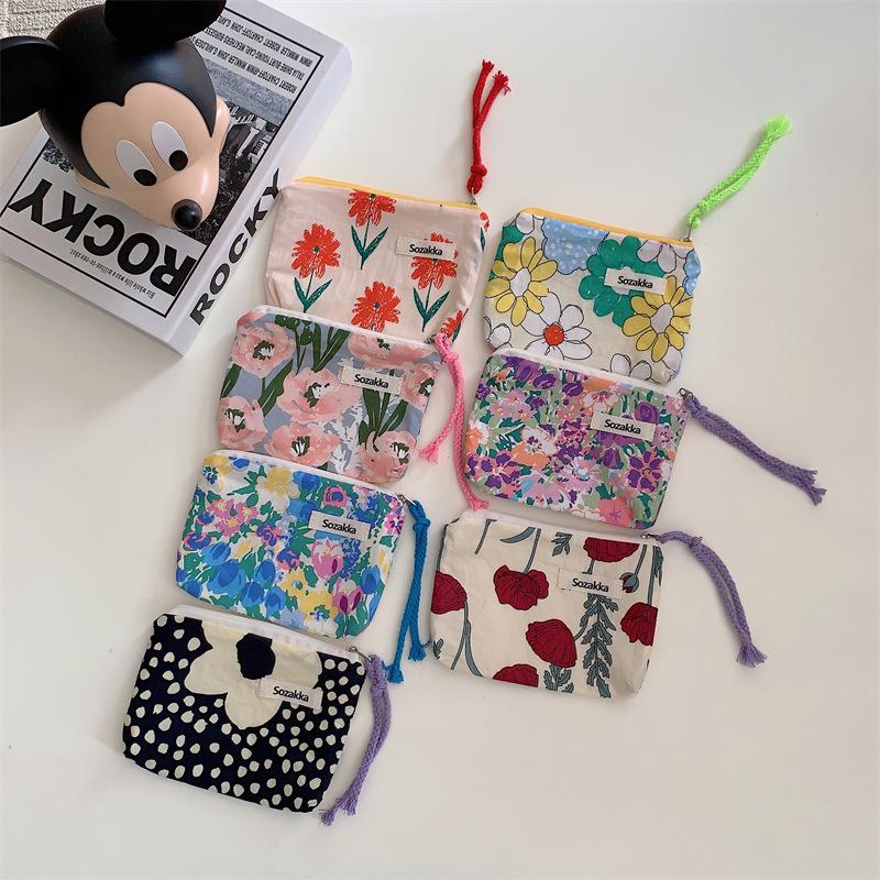 Trendy Street Style Cotton Makeup Bag Floral Design Soft Pouch Drawstring