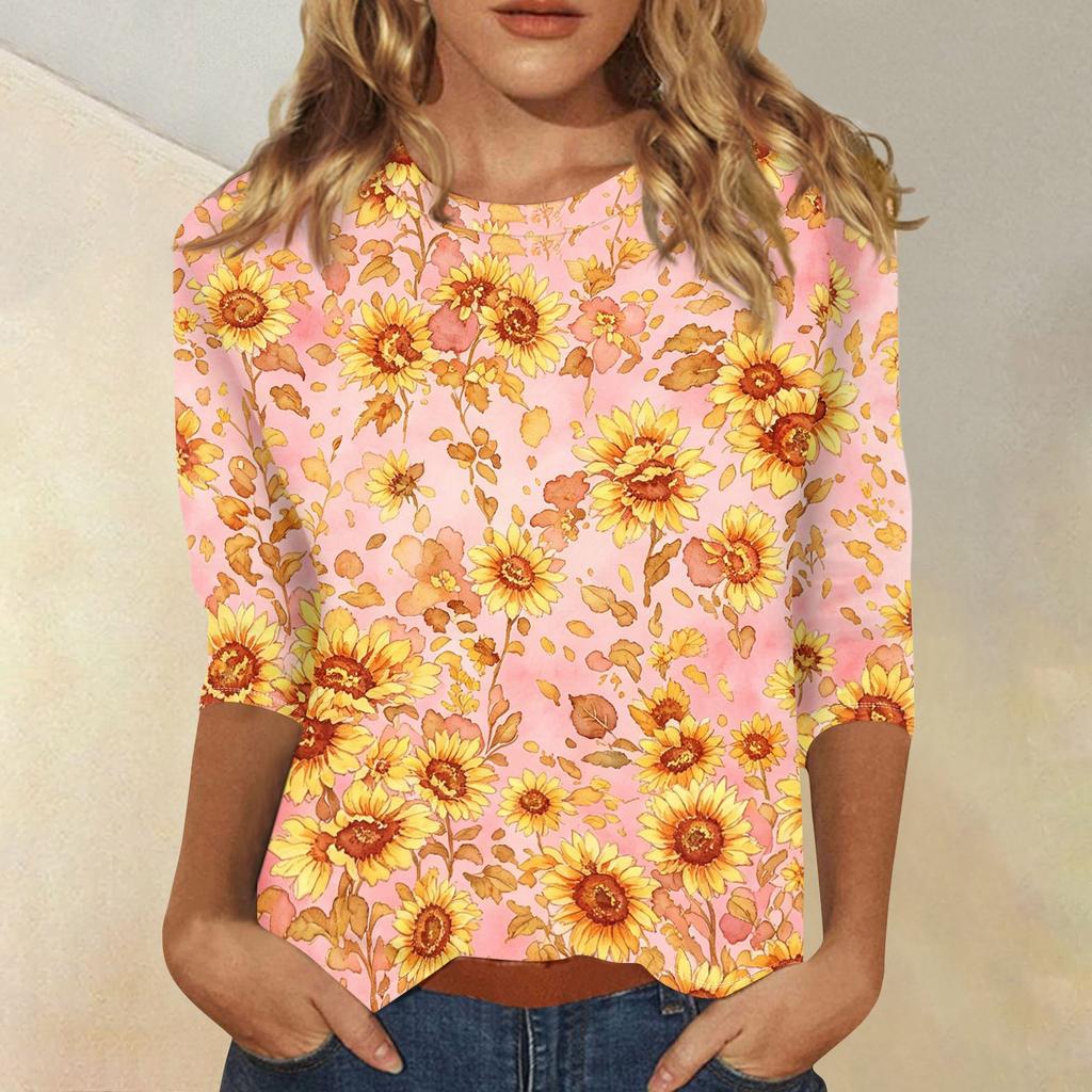 Women's Casual 3/4 Sleeve Floral Print Round Neck Top Lightweight Comfortable Fit Soft Fabric Blouse for Everyday Wear