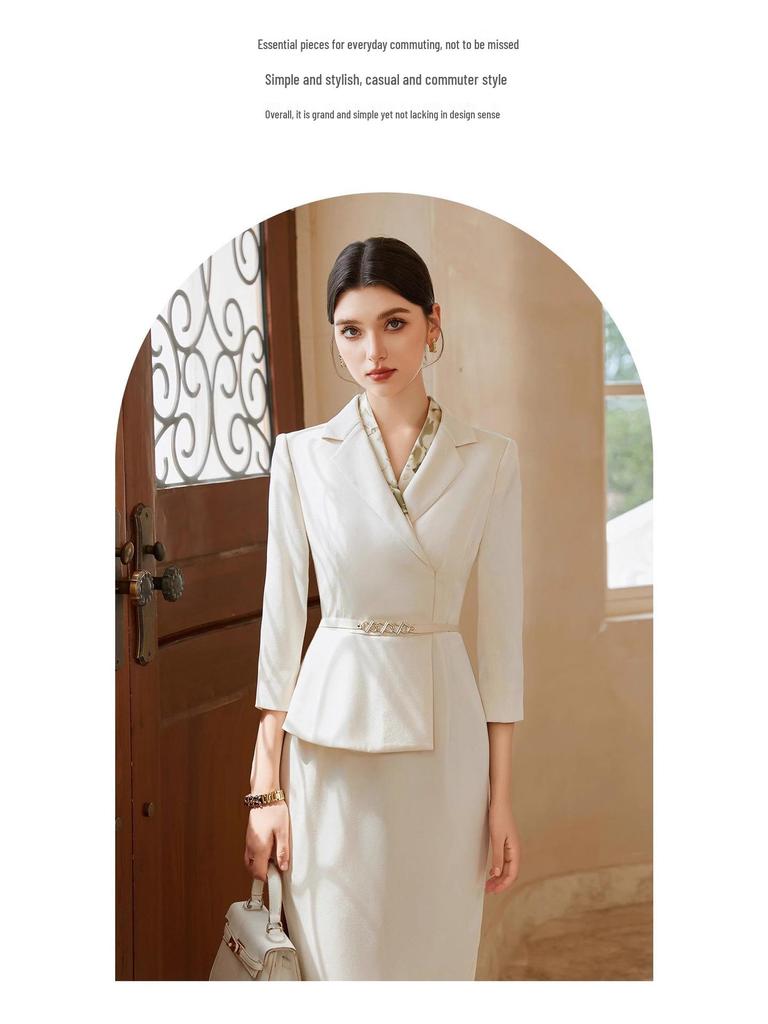 Nine-Sleeve Pleated Two-Piece Professional Dress - Spring/Autumn Style