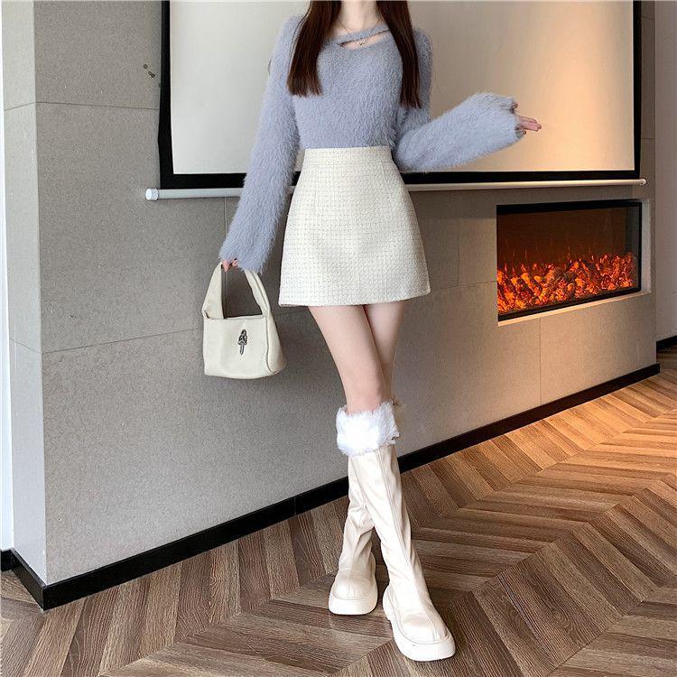 Elegant Autumn & Winter Tweed Petite High-Waisted A-Line Skirt - Lurex Fragrance Style, Hip-Hugging & Anti-Exposure Design