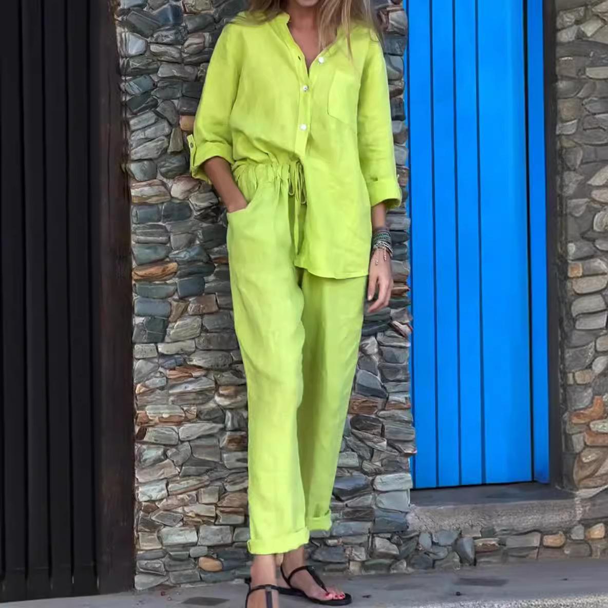 

Комплекты из двух предметов для женщин, весна-осень, повседневные, простые, с длинным рукавом, с карманами, комплекты из двух предметов, модные, свободные, офисные рубашки, костюмы, наряды XXXL зелёный