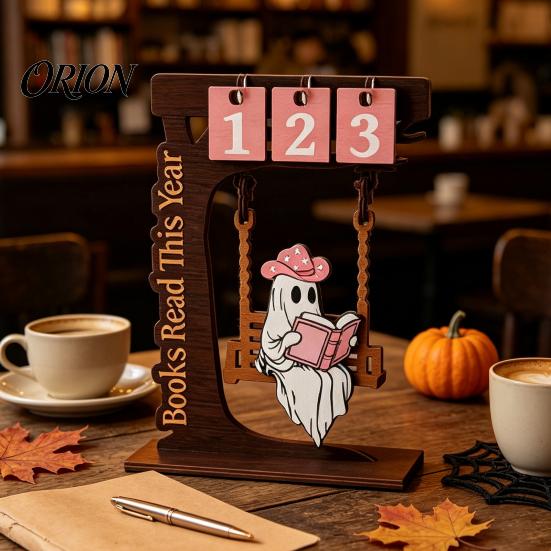 Cute Ghost Cat Figurine Wooden Tree Calendar Desk Ornament, Flippable Number Reading Goal Tracking Literary Healing Desktop Ornament Tabletop