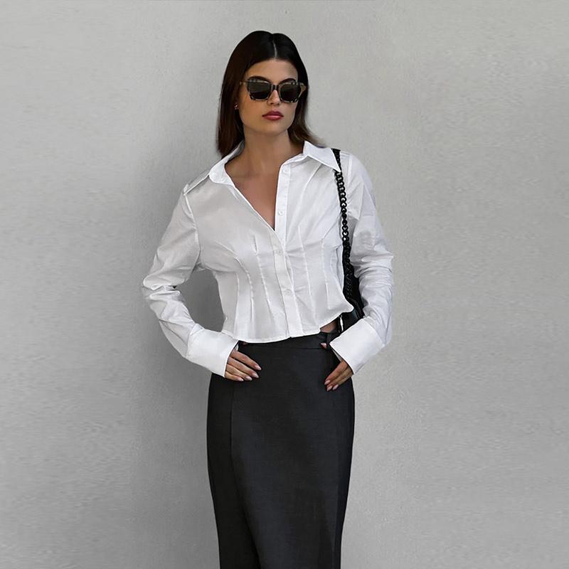 Plissert Slim Fit Topp Dame Bomullsskjorte Pendler Polokrage Langermet Ensfarvet Bluser Enkeltspent Kort Topp Elegant Kontordame Sommer