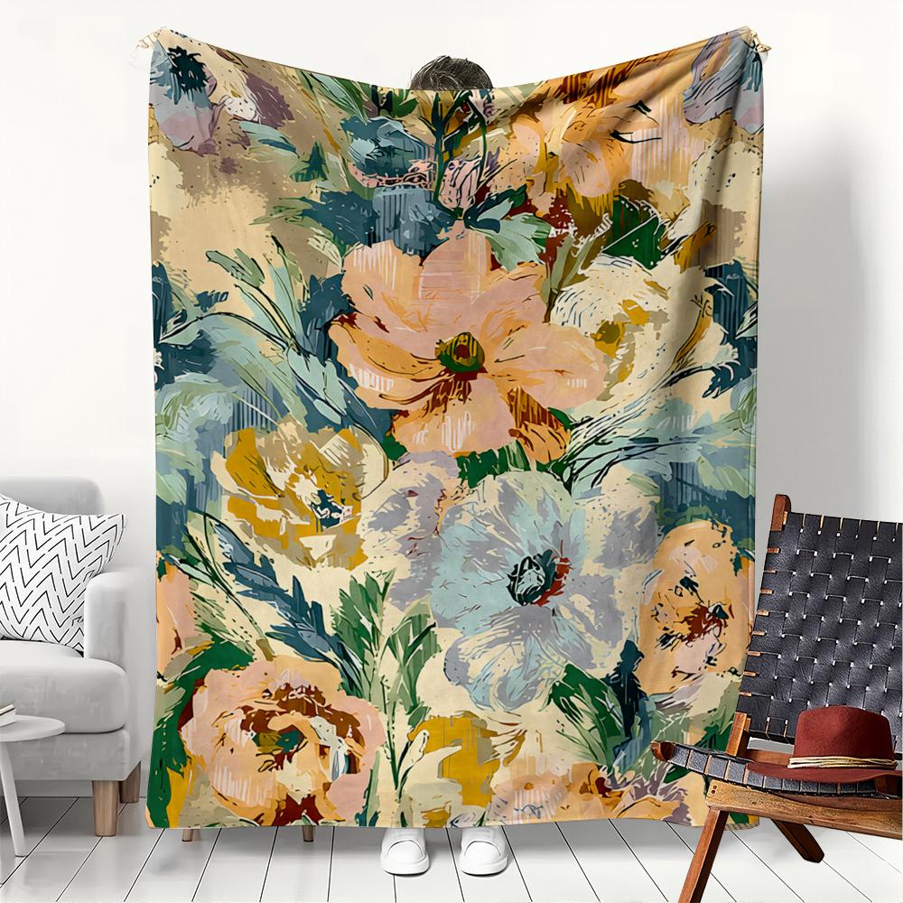 1PC Blanket Vintage painting Flowers Flannel Thin blankets for Home Car Naps Camping Festival gift Perfect gifts four season use