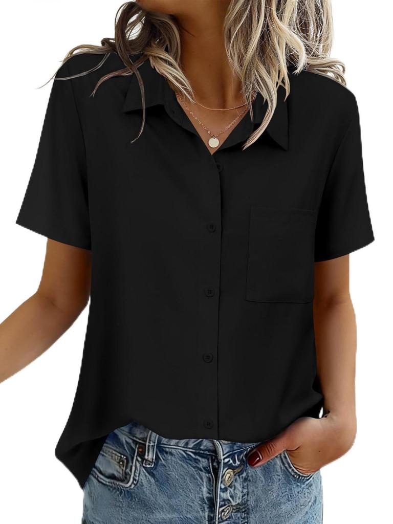 Chemise Boutonnée Manches Courtes Couleur Unie pour Femme - Haut Business Casual/Formel pour le Travail, Collection Printemps/Été 2026
