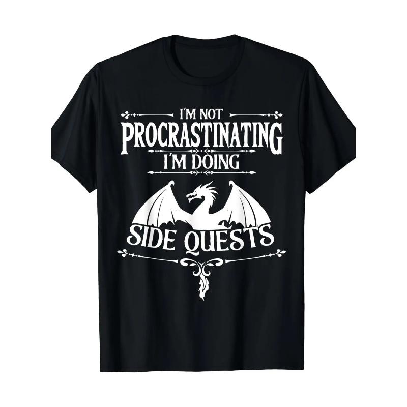 I'm Not Procrastinating I'm Doing Side Quests RPG Gamer T-Shirt - 220gsm Heavyweight Retro Gaming Tee with Dragon & D20 Dice Symbol, Tabletop & Video