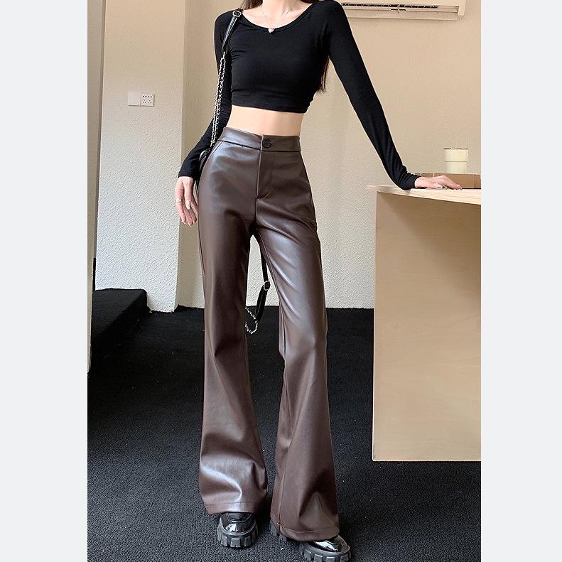 2026 Spring/Autumn Women s Coffee Color High-Waisted Slim-Fit PU Leather Micro-Flare Pants S