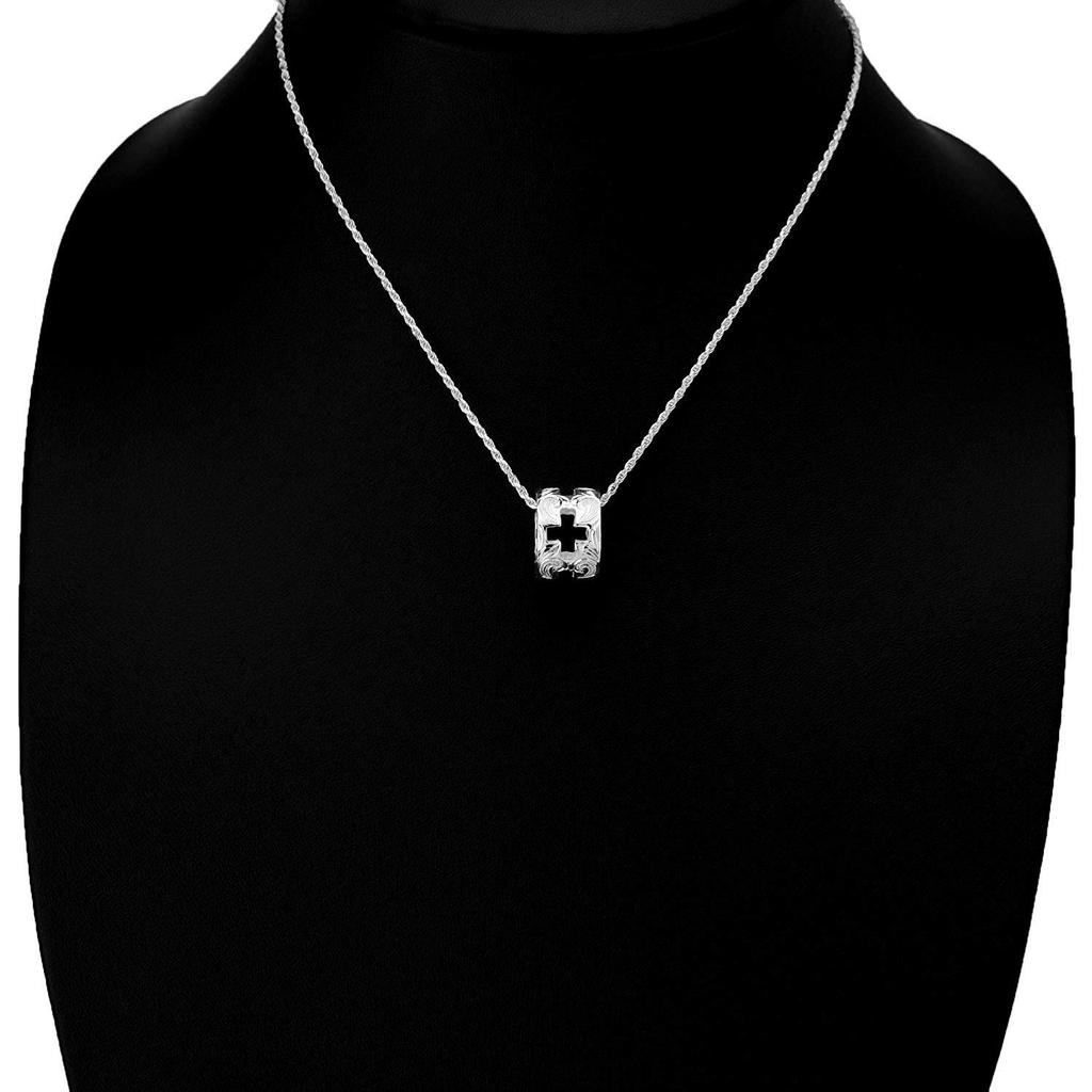 Leilani Hawaiian Jewelry Scroll (Wave) Carved Cross Heavy Tube Pendant Necklace for Men, 925 Sterling Silver (Includes 50cm Rope Chain)