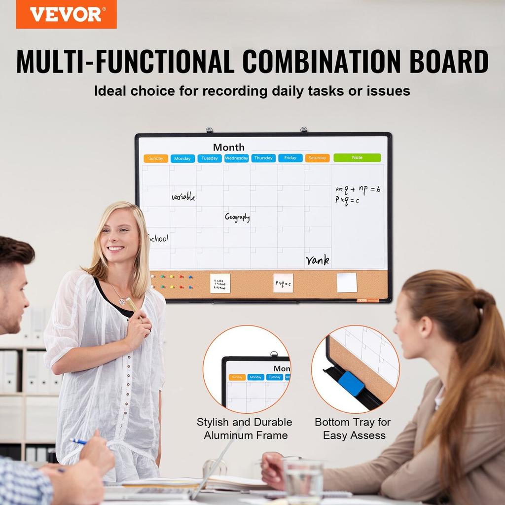 36"x24" Monthly Calendar Whiteboard & Cork Board Combo with Aluminum Frame