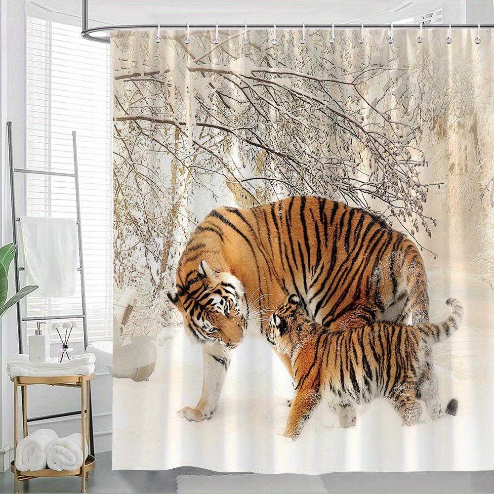 

1Pc Bengal Tiger & Cub Shower Curtain - Majestic Snowy Forest Scene With 12 Hooks, 70.8X70.8 Inch Durable Polyester Bathroom W60H190(CM)-1 Pcs
