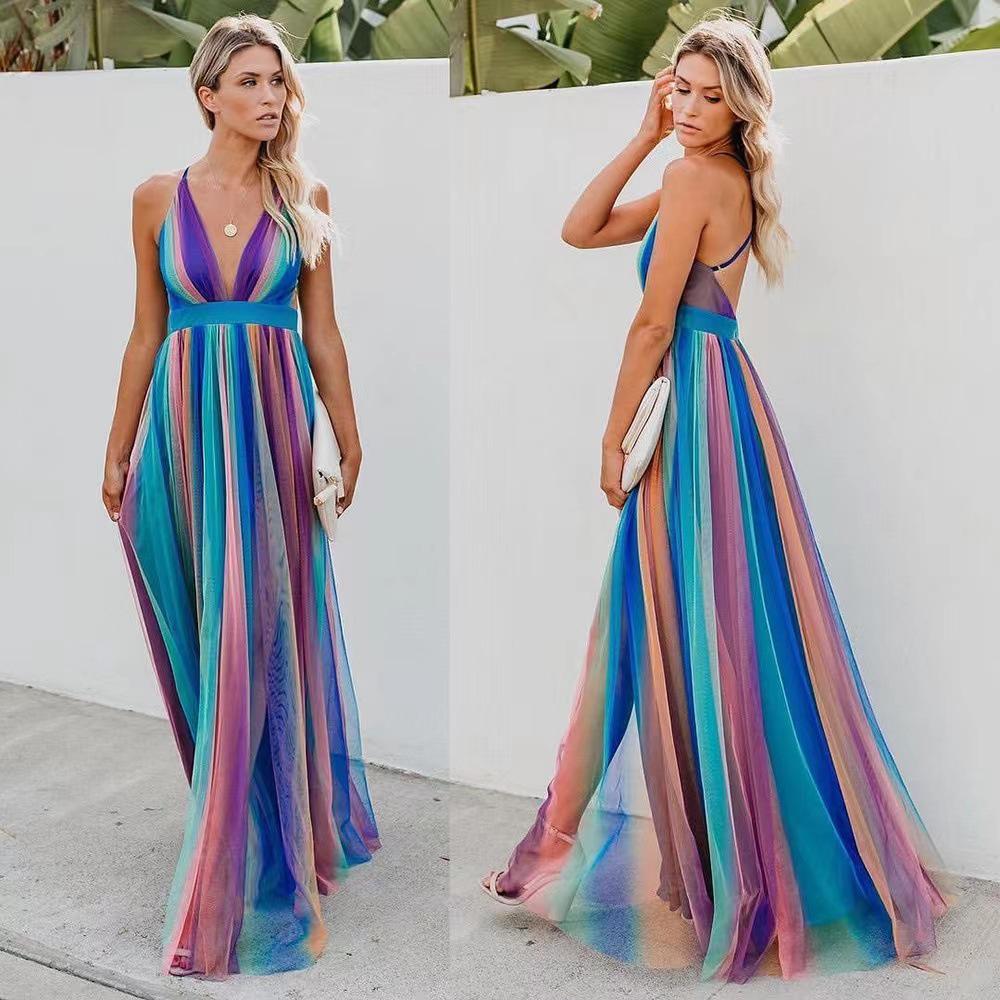 2025 Spring/Summer European & American Women's Sexy Deep V Rainbow Chiffon Dress