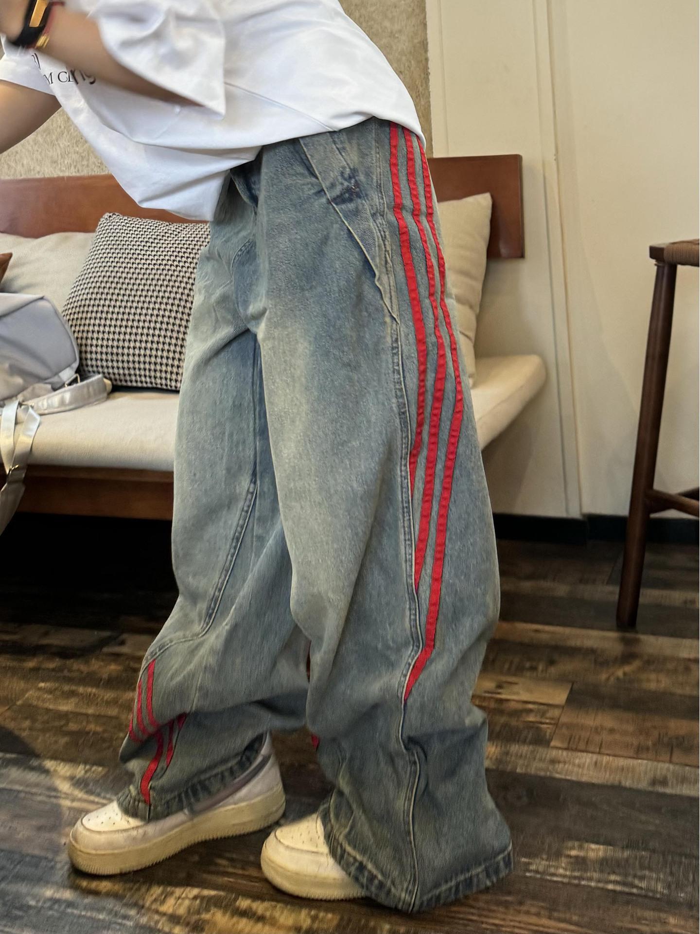 

Женские летние джинсы American Retro High Street Straight с полосками по бокам M синий