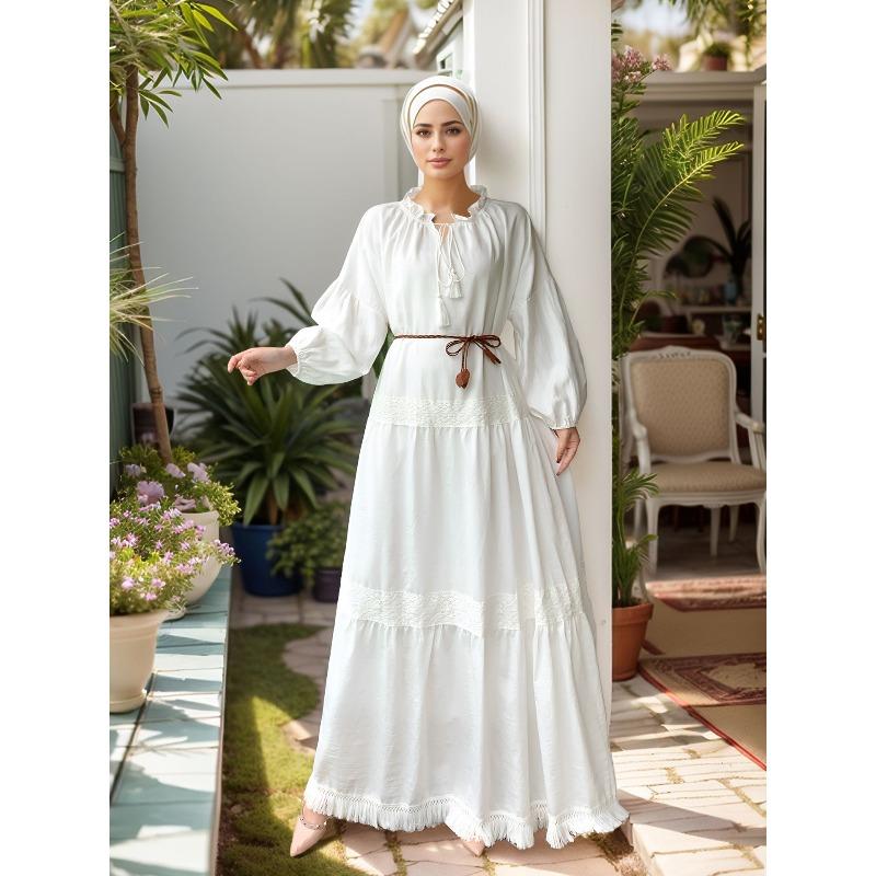 Dress, fashionable women s clothing, fringed belt, lace splicing, pendulum ruffle edge dress S белый