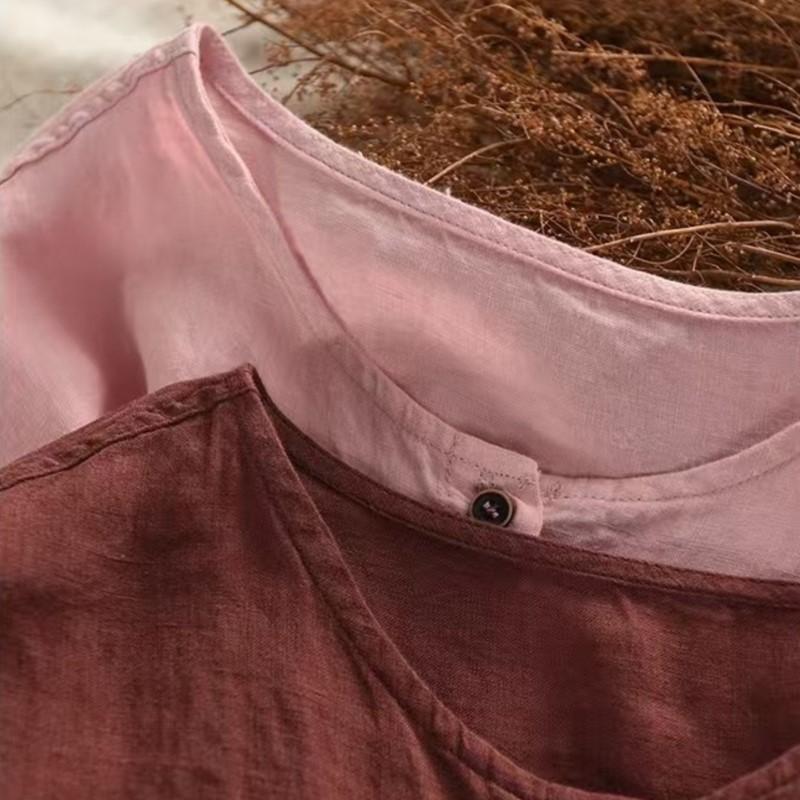 Johnature Women Vintage Solid Color Shirts O-Neck Half Sleeve Patchwork Pockets Summer Loose Casual Button Shirts