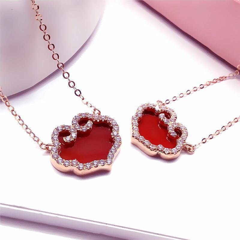 Color Gold Retro Bright Diamond Red Stone Wishful Lock Necklace Plated Rose Gold Pure Purple Gold Light Luxury Set Chain