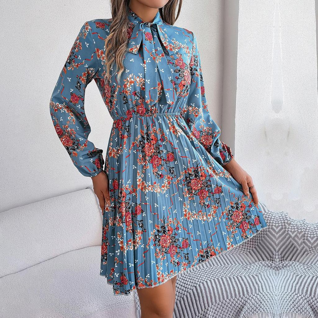 Jesienno-zimowa damska sukienka z długim rękawem w kwiaty, plisowana, z wysokim stanem i linią A
