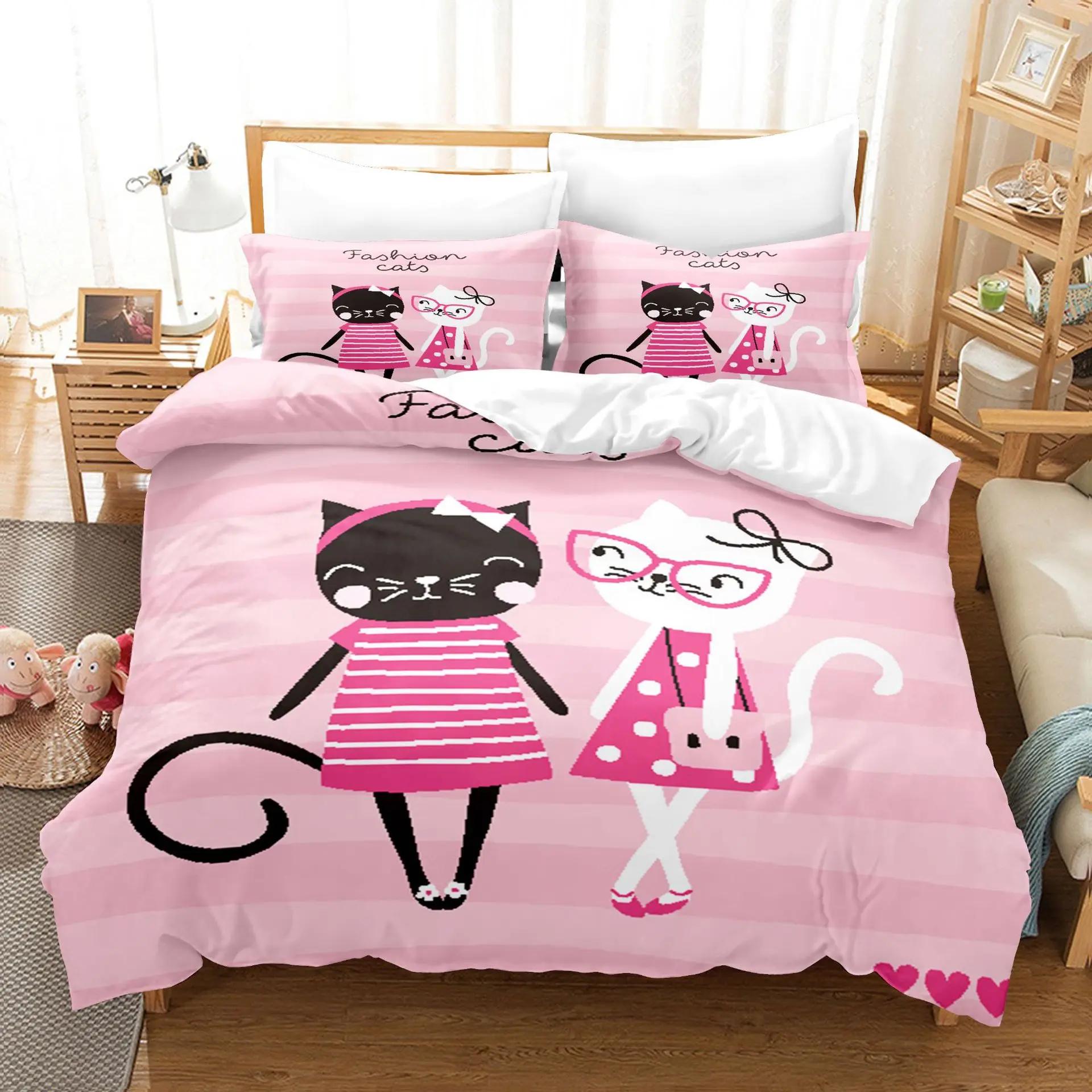 

Soft Microfiber Duvet Cover And Pillowcases Cartoon Pink Lovers Cat Bedding Set For Kid Print Rabbit,Unicorn Comforter Sets Twin EU single(135x200cm)