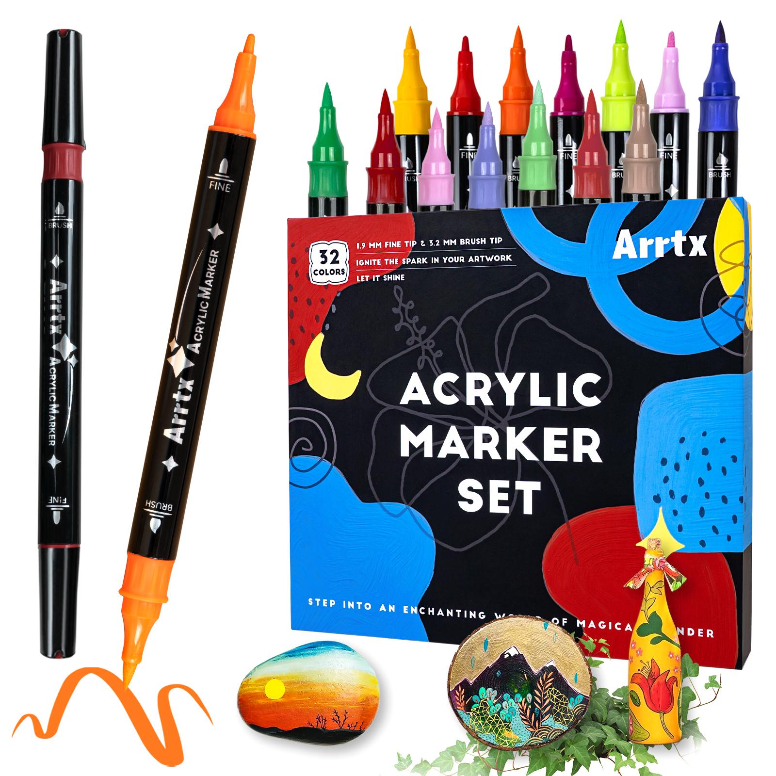Arrtx Zwarte Acryl Verf Pennen 8 Stuks Brush en Fijne Punt Verf Markers voor Rots Schilderen Tekenen, Hout, Graffiti, Canvas