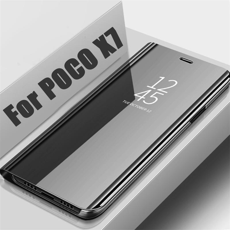 Mirror Flip Stand Phone Case For Poco X7 X6 X5 X4 X3 Pro NFC Screen Protector Cases For Poco F6 F5 M6 M4 M3 Pro M5S Back Cover