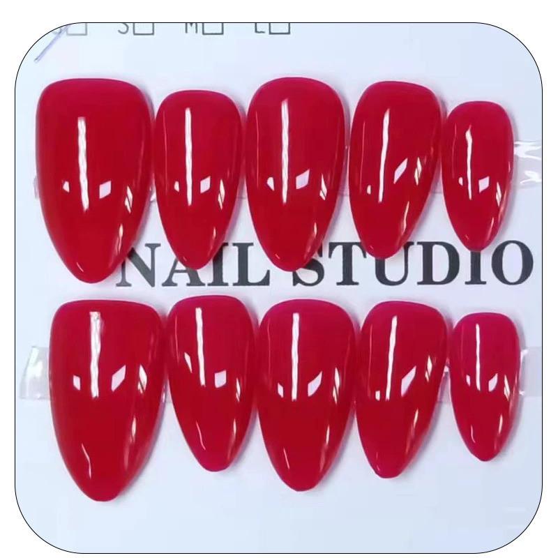 100% Handmade Short Almond Shape Minimalism Bright Red Fake Nail Set With Glue & Box Simple Press On Nails Phototherapy Fake Nails