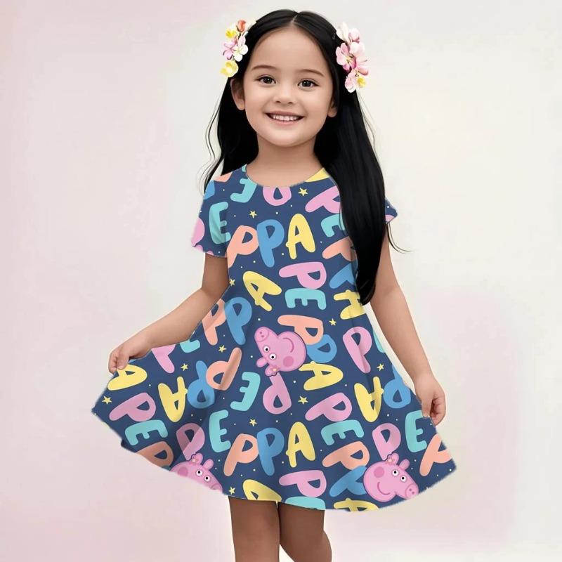 Girls Peppa Pig Casual Dress Summer Cute Cartoon Print Fashion Beach Sundress Soft Lightweight