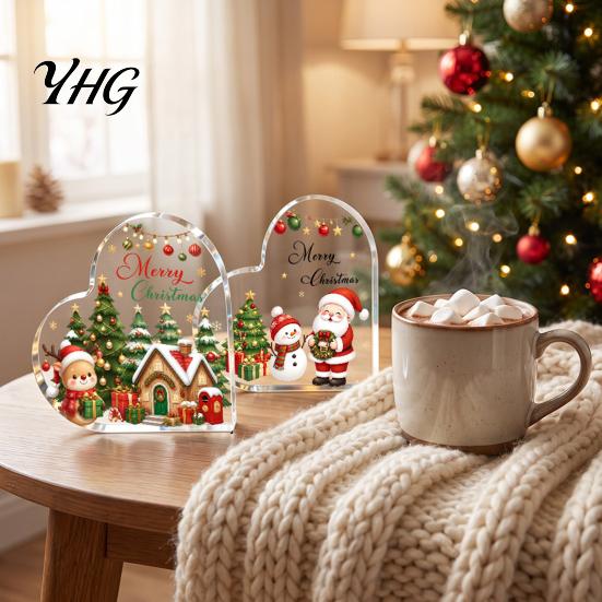 Transparent Heart Shaped Decor Acrylic Christmas Tabletop Sign, 2D Winter Snow Scene Desktop Ornament Romantic Gifts with Santa, Snowman & Xmas House,