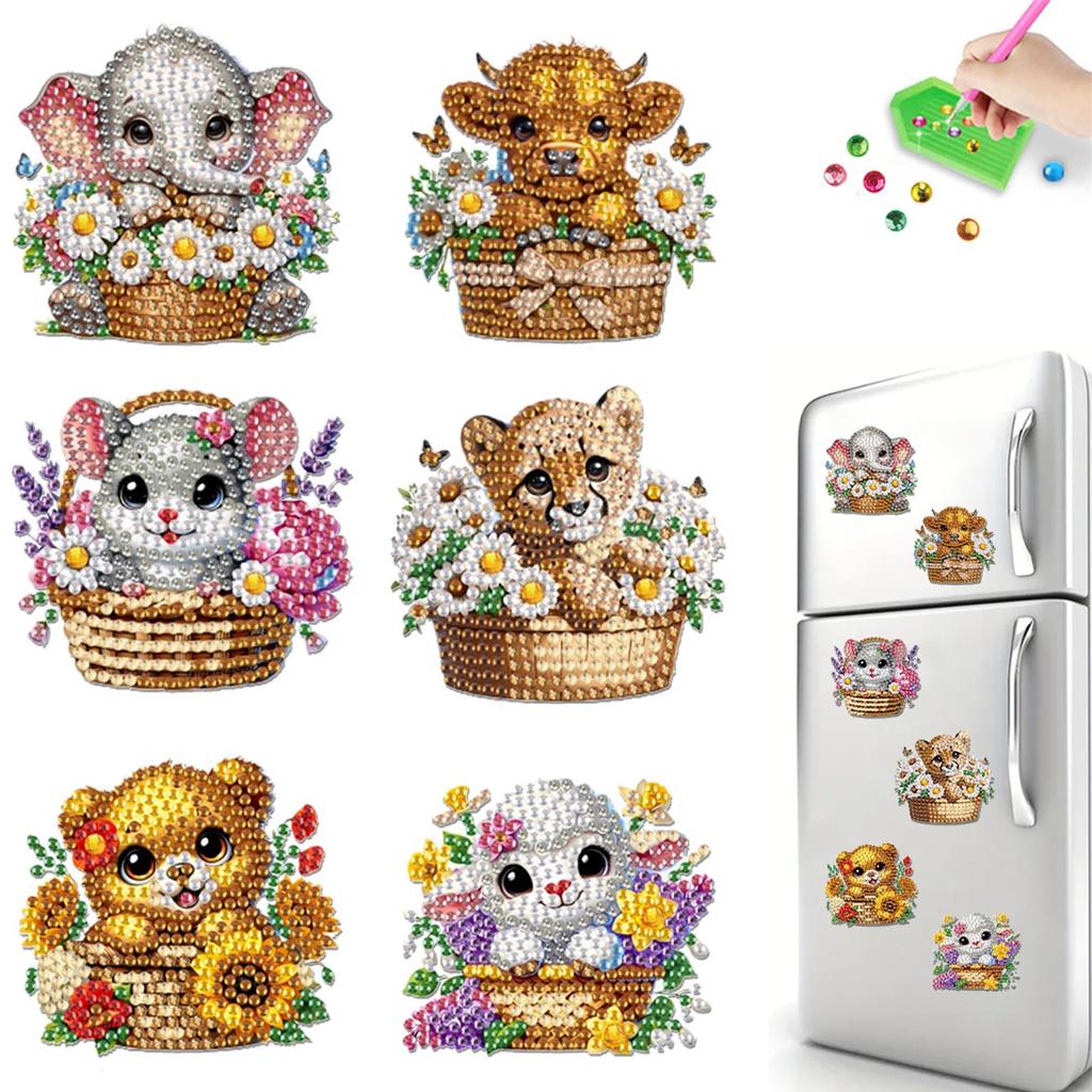 6Pcs DIY Fridge Stickers Acrylic 2D Flat Animal Diamond Art Fridge Magnet Diamond Painting Fridge Magnet for Adults Beginners
