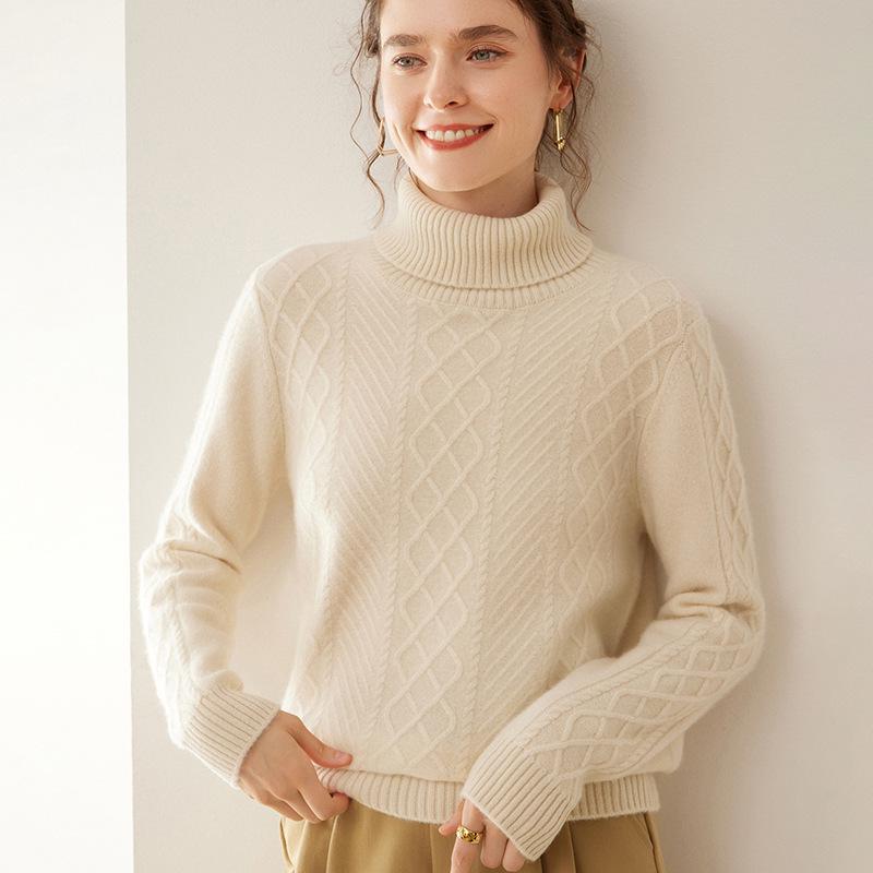 Women's Cashmere High Neck Knit Sweater - Long Sleeve, Loose, Warm, and Versatile for Autumn/Winter.