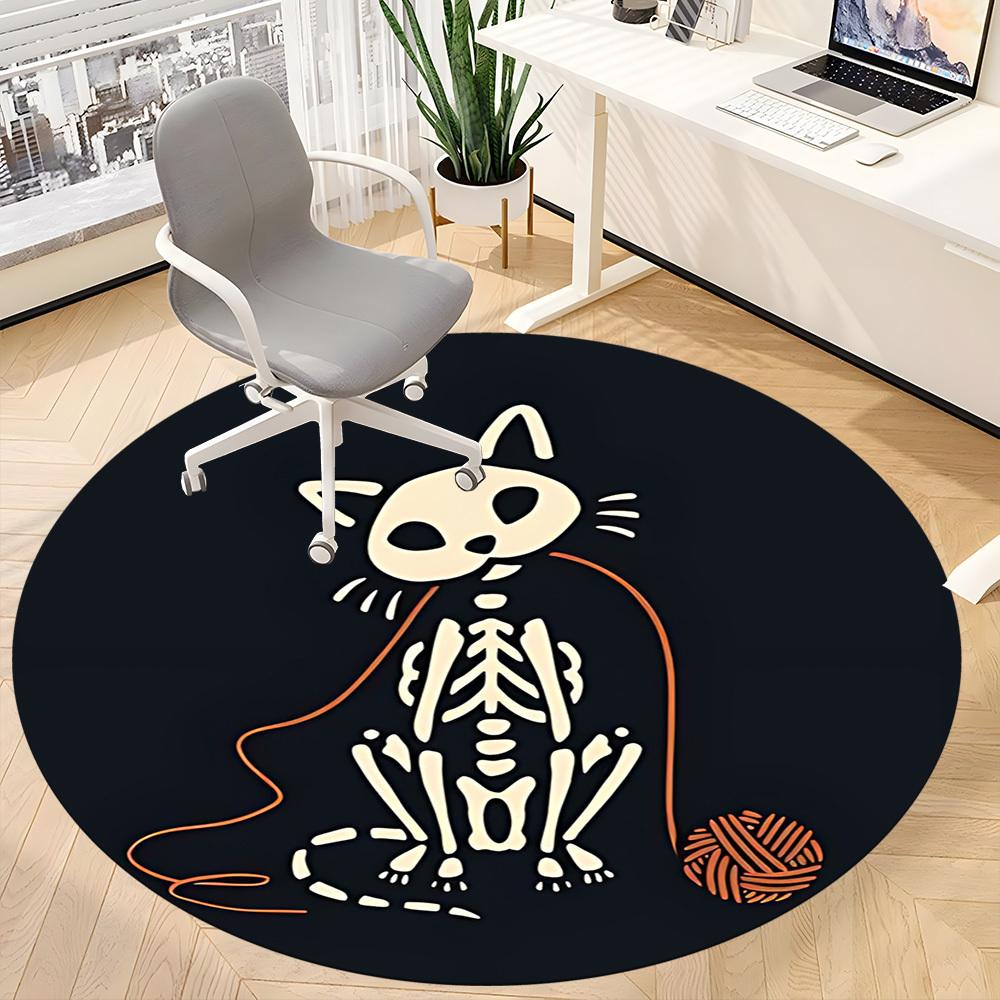 1pc Cat Skeleton Office Round Area Rug,  Mat Suitable For Office, Under Office Chairs Bedroom Living Room Home Decor, Room Deco