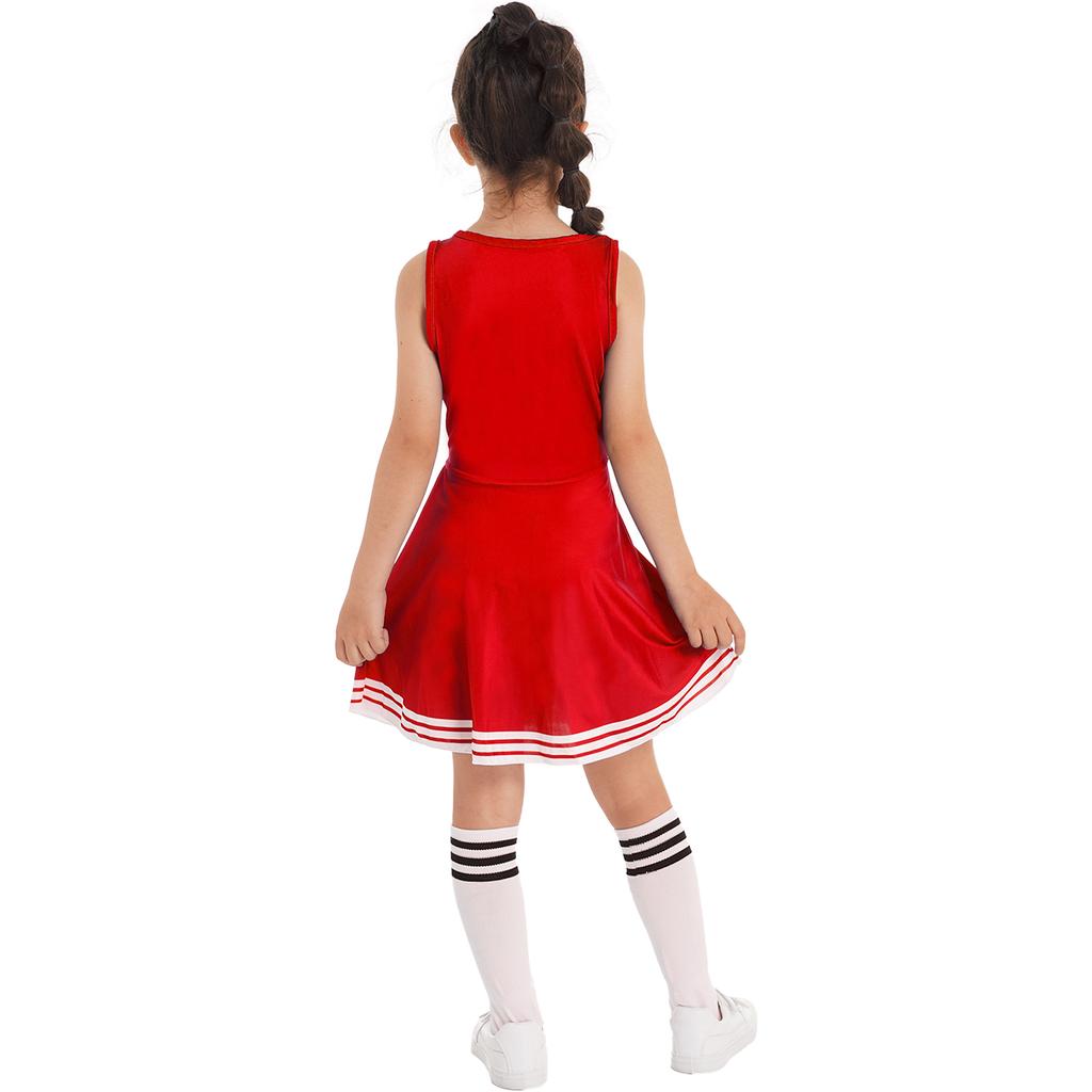 Set di Abbigliamento Cheerleading per Ragazze Senza Maniche Girocollo Stampa Lettere Stile Patchwork Vestito da Danza Calzini con Fiore Cheer