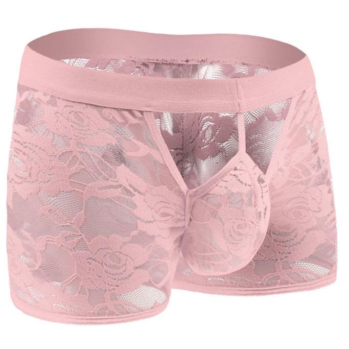 Men'S Floral Lace Boxer Open Front Bugle Pouch Sissy Lingerie Underwear Sexy See Through Underpants Trunks Crossdress Panties