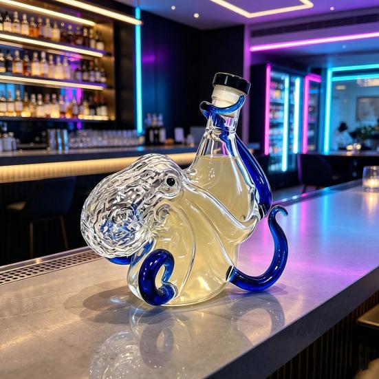 3D Octopus Shaped Glass Liquor Bottle, 350ml Borosilicate Whiskey Decanter, Spill-Free Decorative Pouring Bottle for Spirits Whiskey Wine Display