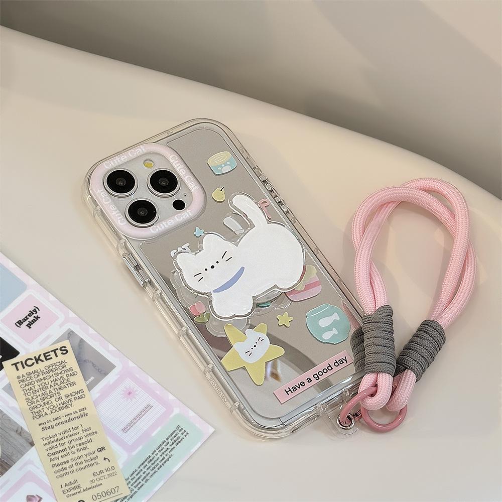 Foodie Cat Stand for 16ProMax for Apple 15 Phone Case for IPhone17 Hand Strap 12 Cute 11 Mirror
