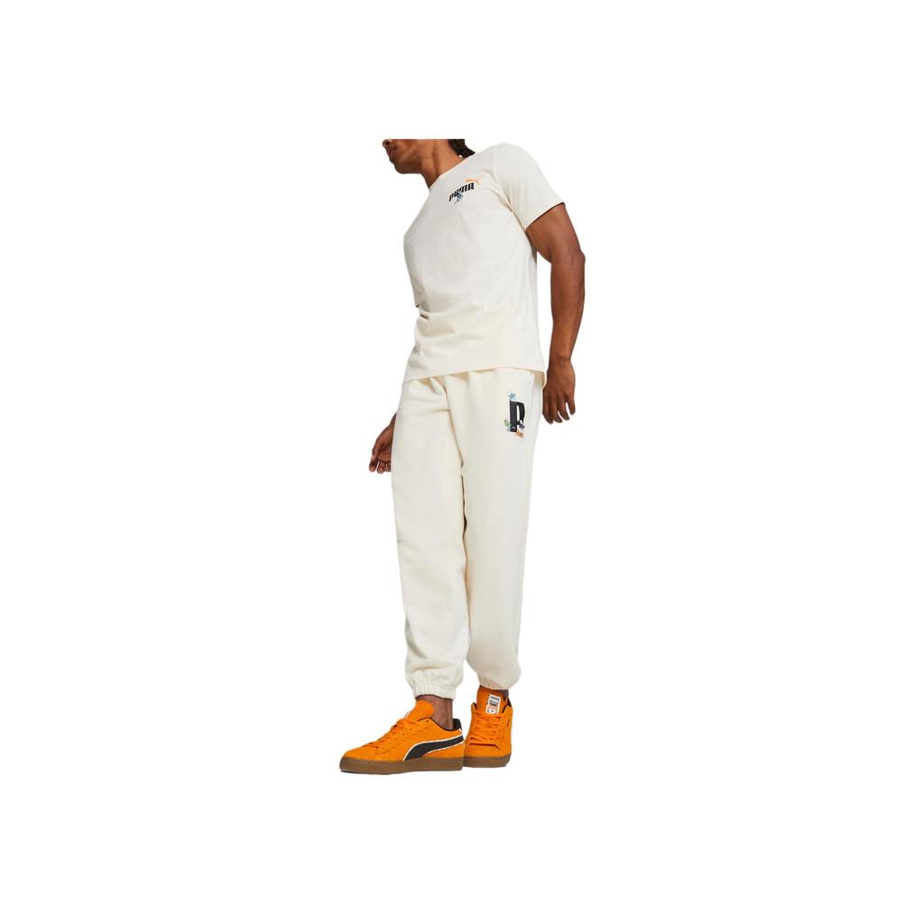 Puma X The Smurfs Collaboration Letter Cartoon Embroidery Lace-Up Elastic Cuffed Knitted Sports Pants Men Pants Beige 622193-99