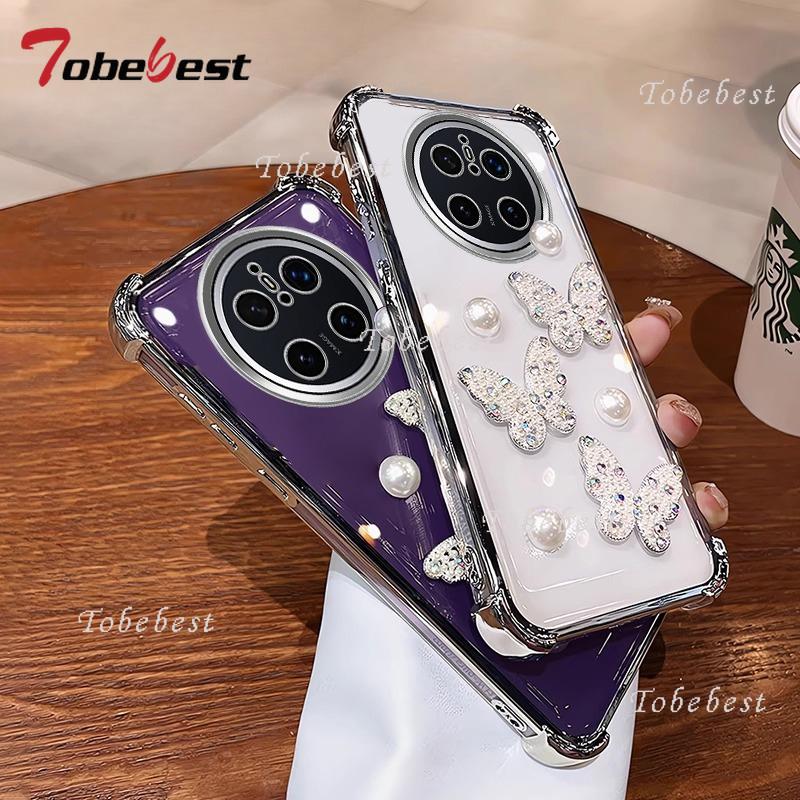 3D Pearl Butterfly Shockproof Plating Silicone Case for Huawei Mate 70 60 50 40 30 Pro Transparent Back Cover