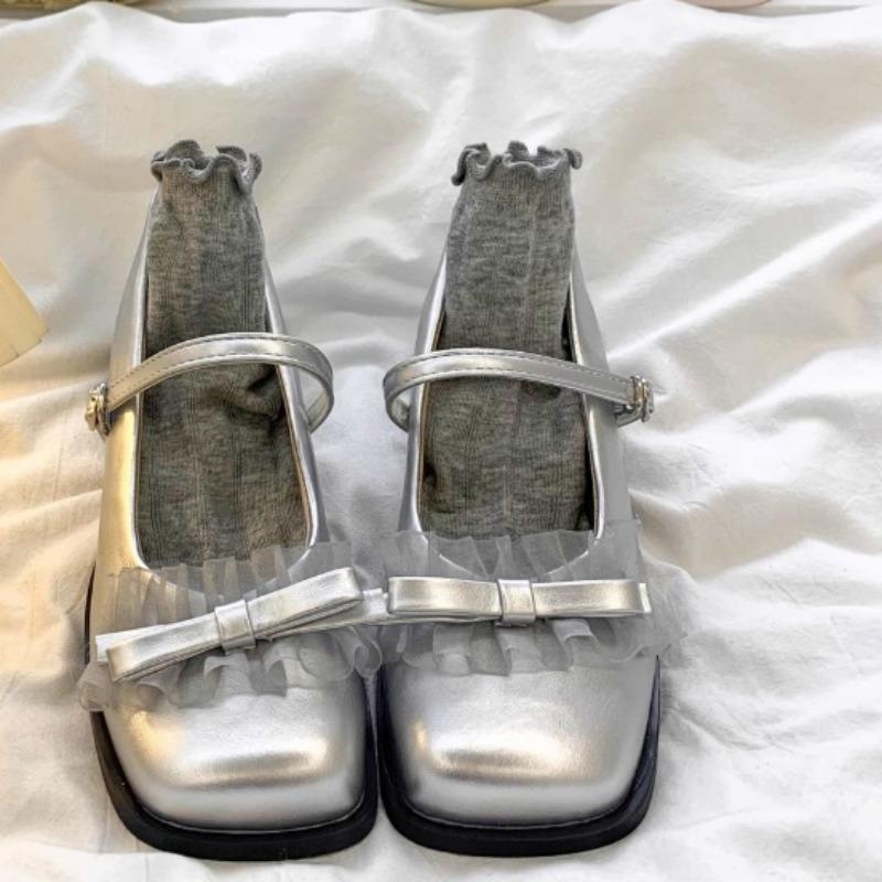 Fashion Mid-heel Mary Jane Shoes New Summer Square Head Shallow Mouth Bow Net Yarn Metal Buckle Soft Sole Non-slip Shoes