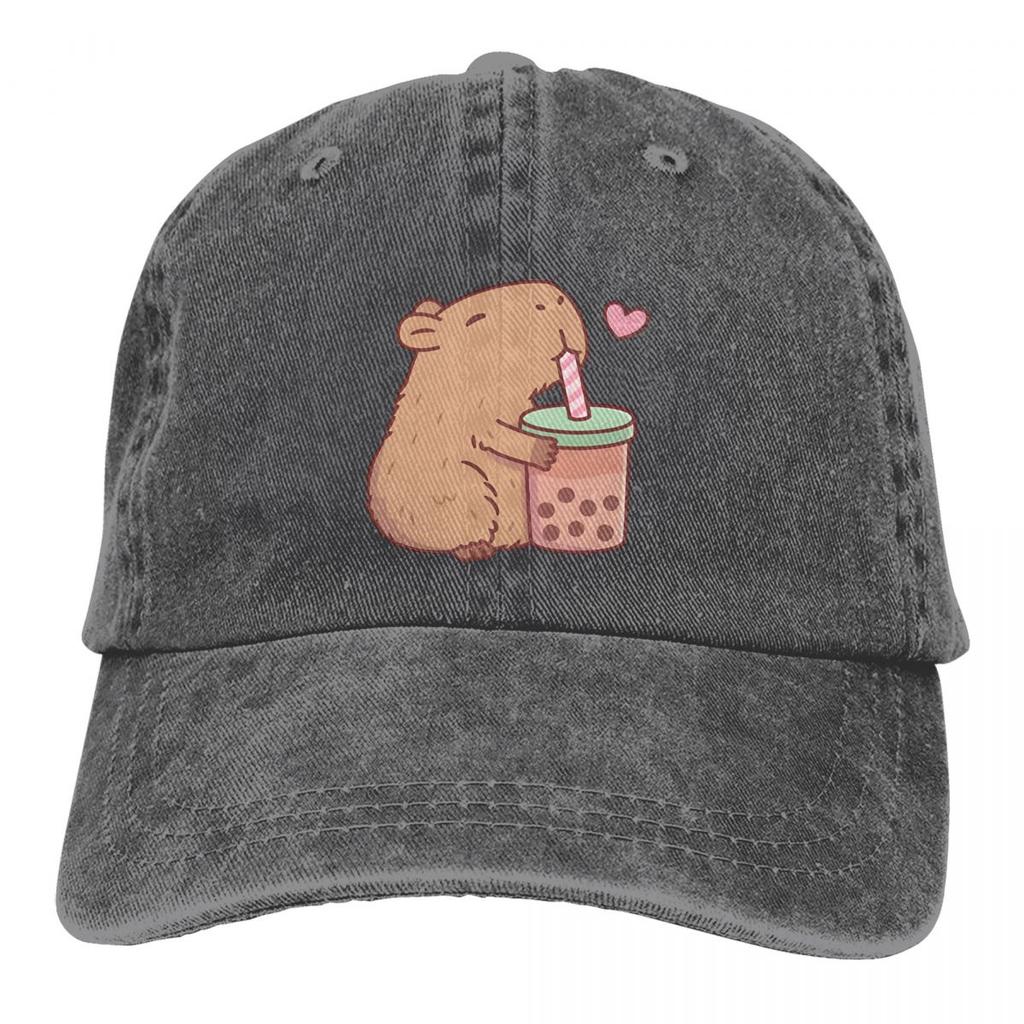 Cute Capybara Loves Bubble Tea Unisex Baseball Caps Adjustable Casual Cotton Sun Hats Unisex Dad Hats
