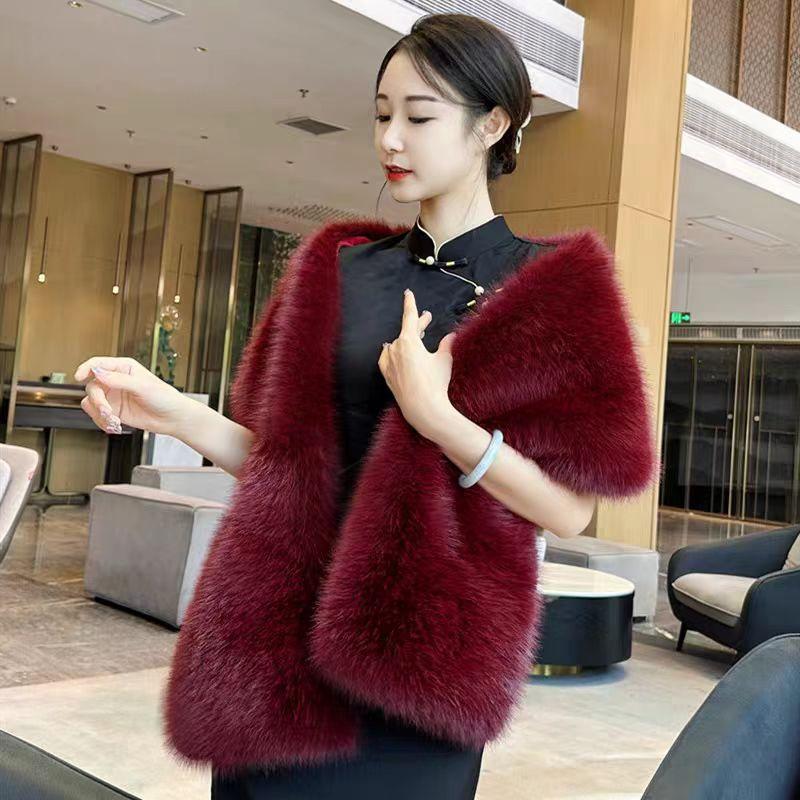 

Прямоугольная шаль из искусственного меха лисы, чонсам, свадебная, дорожная, фотографическая, верхняя одежда, юбка, накидка, плащ, женский шарф бордовый