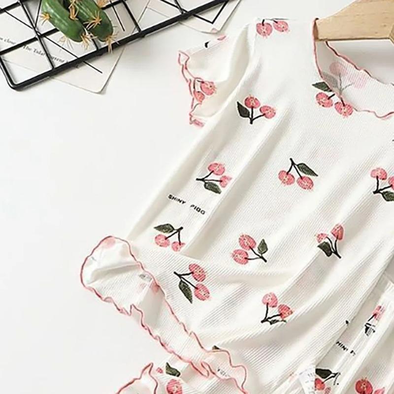 Set Pijama de Vară pentru Fete cu Imprimeu Flori de Cireș, Șort și Tricou cu Stretch în 4 Direcții, Amestec Respirabil de Modal pentru Purtare la Culcare și Joacă pentru