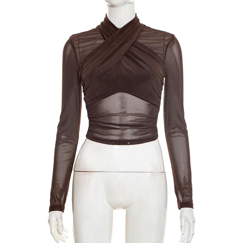 

Женская полупрозрачная сетчатая кроп-футболка с длинным рукавом и перекрестным дизайном, приталенная, J25TP256, для лета и осени Large коричневый